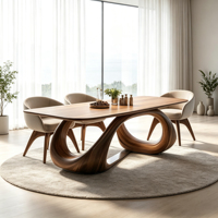 Table à manger en bois massif torsadé abstrait, base courbée artistique, plateau rectangulaire pour mobilier de salle à manger moderne et luxueux