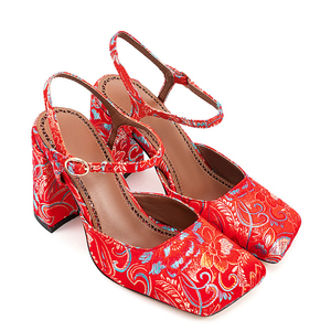 Sandales à talons hauts épais pour femme, grande taille 45, à bout carré, motif floral, en soie, pour soirée, coupe large, avec boucle de cheville - Product Image 6