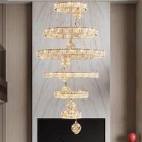 Lustre circulaire décoratif à hauteur réglable, en cristal de luxe, pour escalier, hôtel, duplex, salon, LED doré