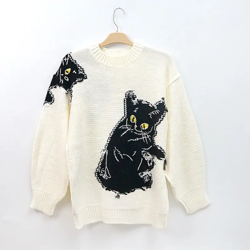 Hersteller Mode Einzigartige Design Frau Cartoon Muster Jacquard Stricken Pullover