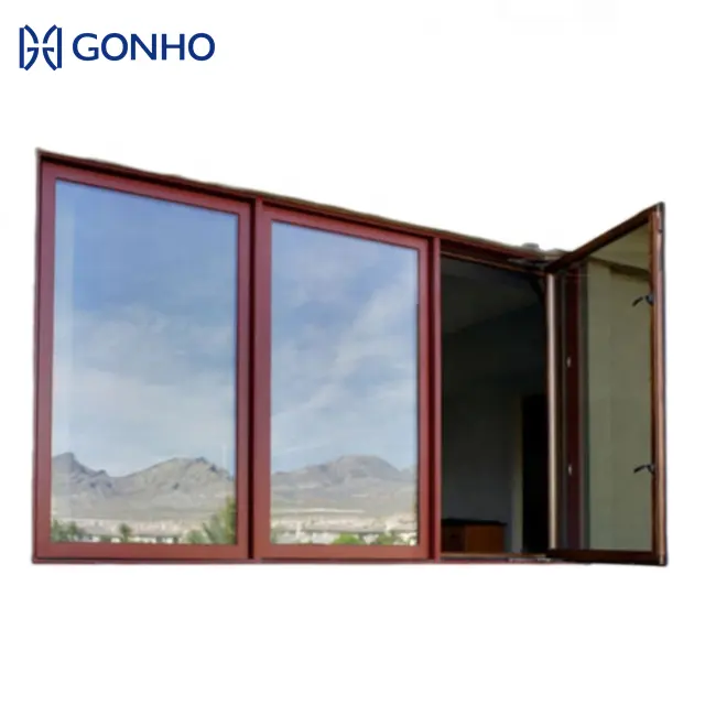 GONHO diskon besar modern tahan air tiga panel tanpa bingkai kayu kustom panggangan jendela warna desain permukaan bulat hitam jendela
