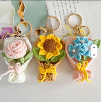 Buket bunga matahari, daisy, mawar, tulip rajutan mini, gantungan kunci, bunga rajutan, grosir