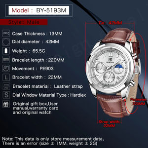 Benyar 5193นาฬิกาโครโนกราฟสำหรับผู้ชาย, นาฬิกาแฟชั่นธุรกิจเหรียญสายหนังแท้สแตนเลสตัวชี้3กันน้ำ - Product Image 2