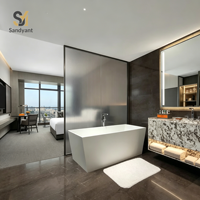 Ensemble de meubles de chambre d'hôtel de luxe haut de gamme contemporain avec panneau mural personnalisé, lit, fauteuil lounge et table de travail