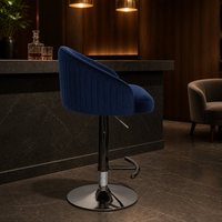 Tabouret de bar pivotant en velours bleu marine, design baquet, dossier à surpiqûres cannelées, siège de comptoir à vérin à gaz, repose-pieds gris anthracite
