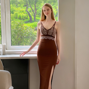 Zyht 20474 giản dị mùa hè nâu một mảnh bên mặc <span class=keywords><strong>XXL</strong></span> phụ nữ cami áo phụ nữ thanh lịch cộng với kích thước Bodycon dài ăn mặc với khe - Product Image 3