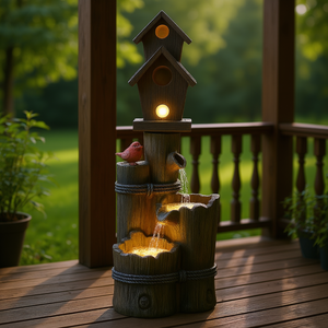 Fontaine cascade rustique à 3 niveaux pour oiseaux avec lumières LED, décoration de jardin, marron - Product Image 2