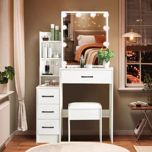 Table de toilette en bois pour chambre à coucher avec miroir, MDF, avec lumière - Grande table de toilette, bureau - Product Image 4