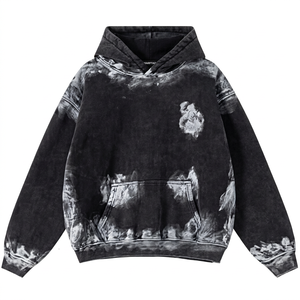 Sudadera con Capucha para Hombre, Estilo Vintage, Lavado Ácido, Tie Dye, Negra, con Bolsillo Tipo Canguro, Ropa Urbana, Marca Privada - Product Image 1