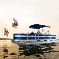 Bateau ponton de pêche professionnel avec pontons doubles stables, sièges de pêche, boîte de rangement pour cannes à pêche, sièges spacieux et auvent solaire