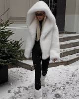 Manteau Stylefan pour femme, style décontracté, grande taille, en polaire épaisse, motif écossais, noir et blanc, avec capuche, collection hiver 2025
