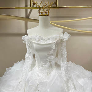 JFH113 Modern Lace <b>Crystal</b> Appliques Embroidery Princess Ivory 3D Flower Wedding Chapel Train Long Ball Gown <b>Dress</b> Short Sleeve - Product Image 5