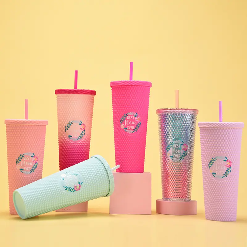 Modernes Design doppelschichtig Plastikstrohbecher Muttertagsgeschenk 710 ml bester Mom Ever Studded Tumbler mit Strohhalm