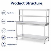 Mesa de Trabajo de Acero Inoxidable de Grado Comercial con Dos Niveles, Estante de Almacenamiento Superior y Base Inferior con Patas Ajustables para Cantina