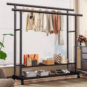 Black <b>Metal</b> Double Rod <b>Coat</b> <b>Rack</b> Rolling Garment <b>Rack</b> with Wheels Clothes Hanger Stand for Bedroom - Product Image 3