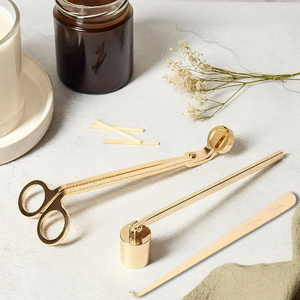 प्रीमियम 3-टुकड़ा स्टेनलेस स्टील मोमबत्ती देखभाल सेट wick ट्रिमर/कटर + डिपर स्नैफर | कस्टम लोगो लागो - Product Image 5