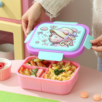 Boîte à lunch bento pour enfants à 3 compartiments, dessin animé, école, pique-nique, anti-fuite, réutilisable, avec ustensiles, sans BPA, passe au micro-ondes