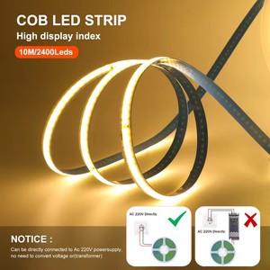 프리미엄 COB <span class=keywords><strong>LED</strong></span> 스트립 라이트 220V 110V 입력 10m 길이 240LED/m 밀도 RA90 색상 정확도 8mm PCB 보드 내구성
