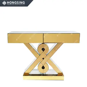 Mirror Console Table with 2 Drawers Luxurious Gold Mirror Living Room Console Table