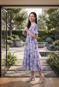 Women's Floral Print Midi <b>Dress</b> Elegant Square Neck Puff Sleeve Tiered Casual Summer <b>Dress</b> Boutique Fashion Style for Women - Product Image 3