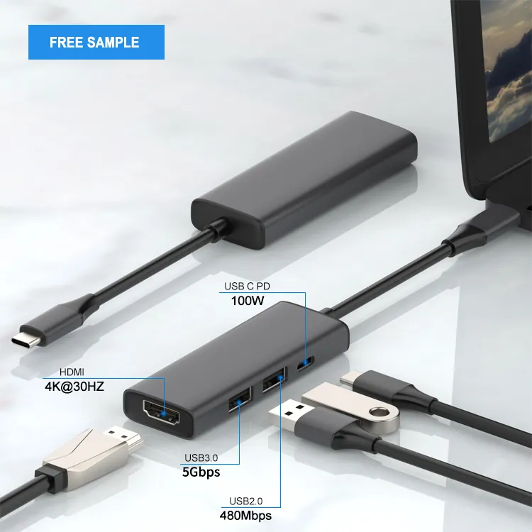 4 em 1 usb c hub tipo c para usb 3.0 2.0 pd, 60w 100w, adaptador multiporta, doca, estação para laptop, macbook pro air