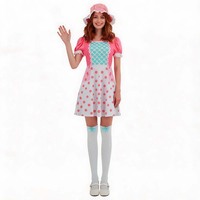 Costume de film télévisé d'Halloween mignon pour femme, robe en polyester à pois, manches bouffantes, bonnet, chaussettes à volants en dentelle, cosplay adulte