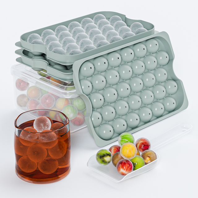 Benhaida Reusable 2PCS Whiskey Freezer Round Ice Ball Maker with Ice Bin Scoop BPA Free Plastic Ice Ball Tray