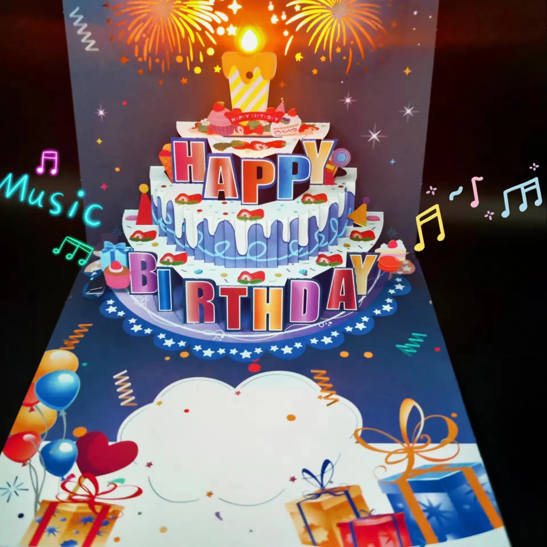 Fireworks pop-up cake light music greeting card Happy birthday greeting card can blow LED candles