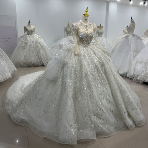 Robe de mariée de luxe perlée de Dubaï, modèle princesse, Xs117, robe de bal scintillante à manches longues illusion en dentelle pour la mère royale ou la mariée - Product Image 3
