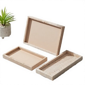 Plateau organisateur en travertin rectangulaire, plateaux décoratifs pour bijoux, design minimaliste, ensemble multi-pièces, ton beige, finition artisanale - Product Image 1