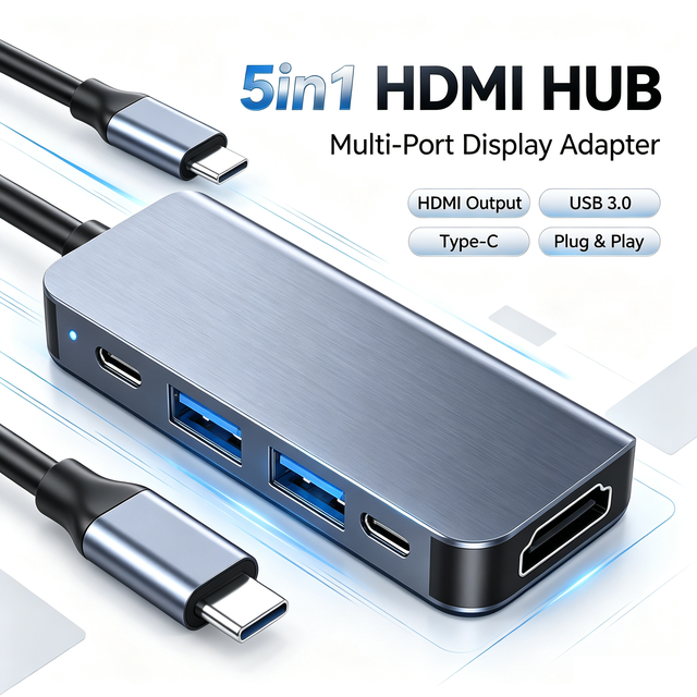 USB C Hub 5 in 1 Multiport Adapter for 2.0 4K USB 3.0 Type C 100W PD Charging Aluminum Alloy Computer Accessories