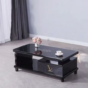 Table basse en verre noir de luxe 2025 - Design géométrique doré avec tiroir accentué et cadre en bois - Meubles de salon pour la maison - Product Image 3