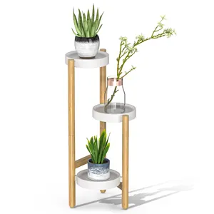 Современный стиль, 3-ярусная деревянная бамбуковая стойка для растений и подносы из белой стали для дома, для открытого сада, несколько растений