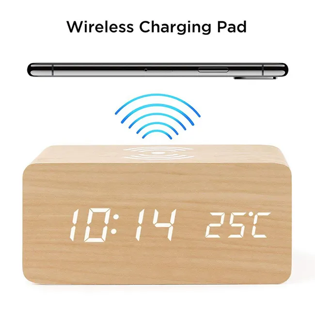 2024 New Wooden QI Wireless Charger Charging LED Calendar Time Temperature Voice Creative Control Wood Digital Alarm Clock