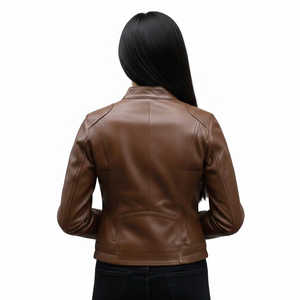 Veste courte de moto en cuir d'agneau de qualité supérieure pour femmes, marron classique |   Véritable peau d'agneau douce |   Style décontracté élégant pour l'automne - Product Image 3