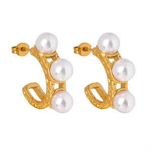 Stainless Steel Triple Simulated Pearl Earrings Cluster Double Circle Earrings Women Vintage Fashion Jewelry