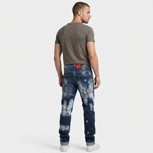 Celana Jeans Denim Lurus Pria Model Distressed Detail Lubang Pinggang Sedang Bahan Katun Spandex Kasual <span class=keywords><strong>Streetwear</strong></span> - Product Image 1