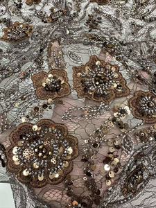 Tela de encaje floral 3D vintage K/C con cuentas y <span class=keywords><strong>lentejuelas</strong></span> de malla de peso medio para vestido de noche de boda africano Aso Ebi Dubai - Product Image 4
