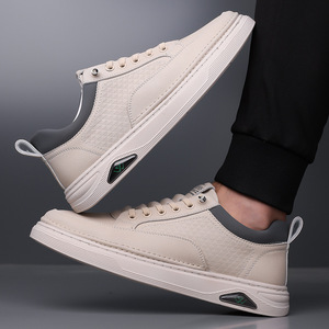 Men's <b>White</b> Sneakers Leather Low <b>Heel</b> Breathable Casual Walking Shoes - Product Image 4