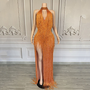 navy blue dress for baby girl Backless Navy Sequin and Feather Orange Prom Dress main image 1