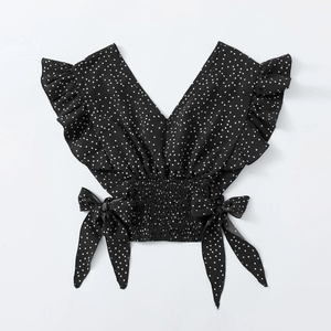 เสื้อชีฟองน่ารักสำหรับผู้หญิง ซัมเมอร์ 2025 แขนระบาย แต่งระบายชายเสื้อ ลายจุด คอวี เซ็กซี่ ผูกโบว์ ชายเสื้อจับจีบ - Product Image 5