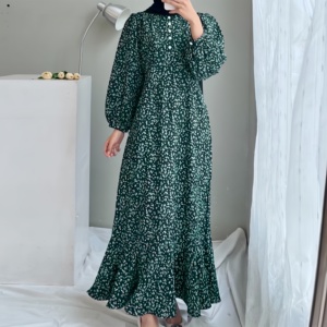 Vestido musulmán de talla grande con volantes para mujer, manga larga acampanada, cuello redondo, botón, bata holgada, estampado de puntos, vestidos largos informales para mujer - Product Image 2
