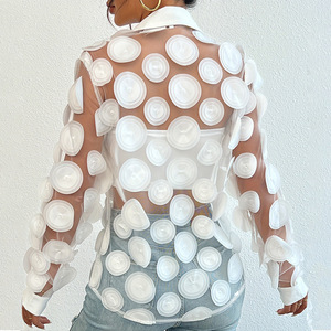 Ensemble deux pièces transfrontalier : chemisier à manches longues en maille ajourée tendance avec embellissements floraux tridimensionnels pour femme - Product Image 4