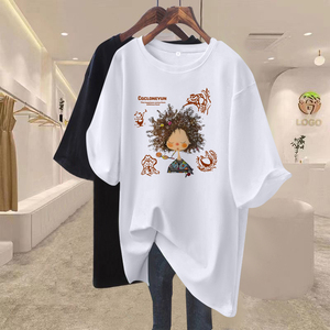 Women's Oversized Cotton T-Shirt with Cartoon Ethnic Print | Loose Fit Casual <strong>Top</strong> for Summer |Soft Cotton Loose Fit Tee for - Product Image 1