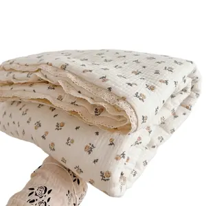 Mantas de muselina Edredón para bebés y niños pequeños 100% Algodón estampado con gasa de encaje Algodón Swaddle Nursery Cuna Manta Edredón