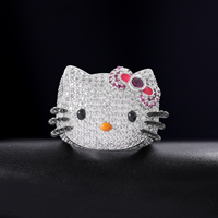 Bague Bling Bling Hello Kitty en Laiton Plaqué Or 18K avec Nœud Mignon, Bague Chat Hip Hop, Bijou Zircon 5A – Grande Vente