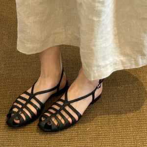Genuine Sheepskin Color <b>Block</b> Woven <b>Block</b> Heel Roman Sandals Hollow Out Design Flat Women Shoes Easy Match Dresses Summer - Product Image 5