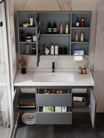 Armoire de salle de bain murale élégante et minimaliste grise, meuble-lavabo flottant en bois massif avec lavabo, vasque en céramique sans joint, LED intelligente