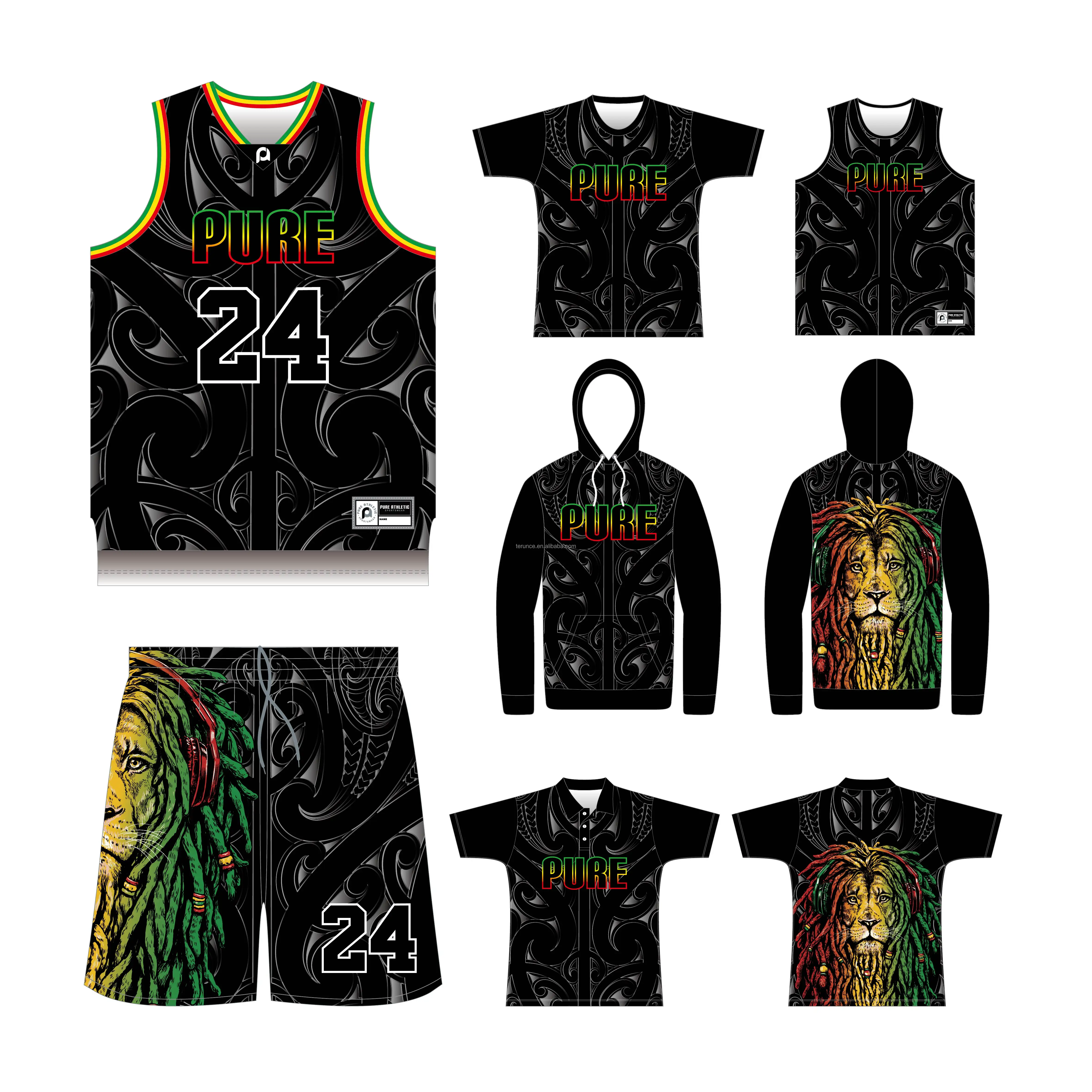 PURE personalizado sublimado AU NZ Rasta baloncesto Jersey diseño Reversible baloncesto camisetas uniformes al por mayor hombres jóvenes