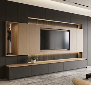 Meuble TV mural sur mesure, design moderne bicolore avec panneaux nervurés rétroéclairés et niche d'exposition pour salons intelligents - Product Image 5